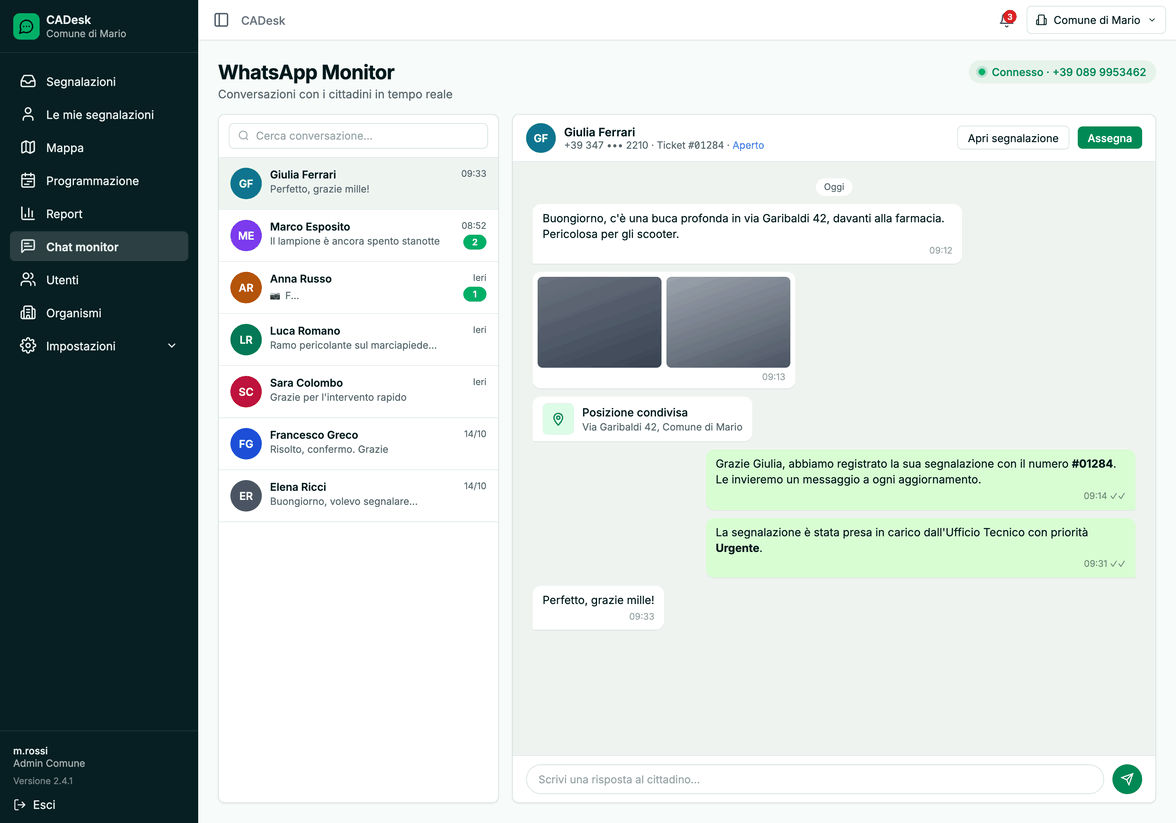 Pannello CADesk — monitor WhatsApp