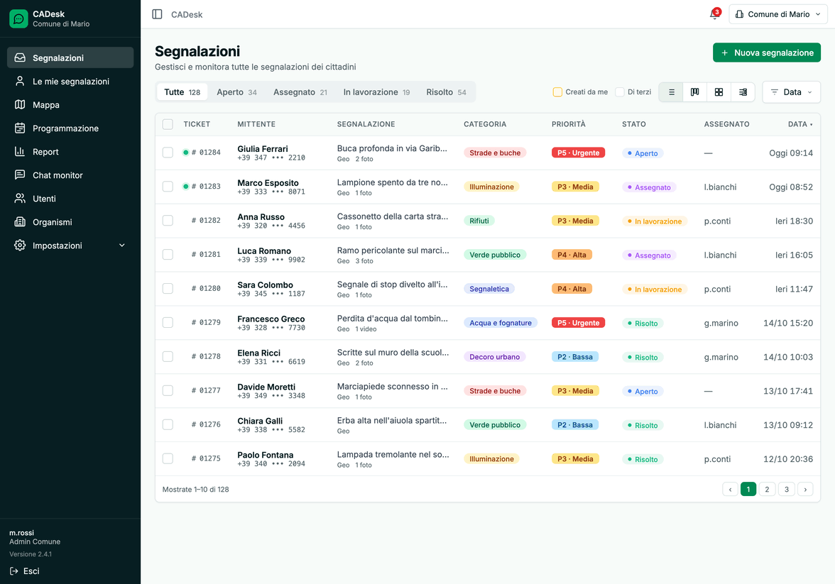Pannello CADesk — elenco segnalazioni