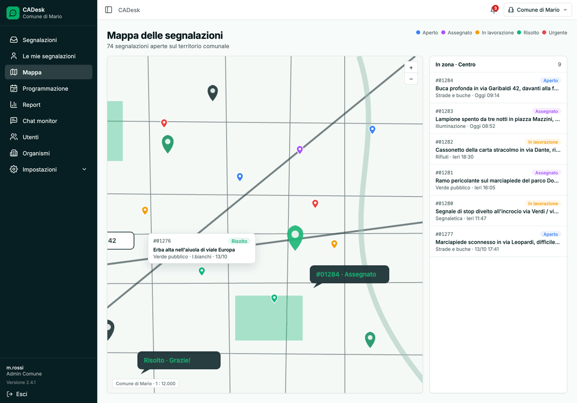 Pannello CADesk — mappa delle segnalazioni
